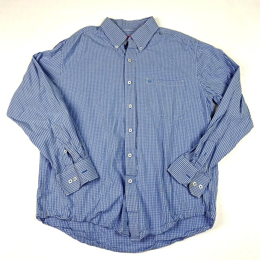 IZOD Shirt Men Large Button‎ Front Blue Gingham Check 100% Cotton